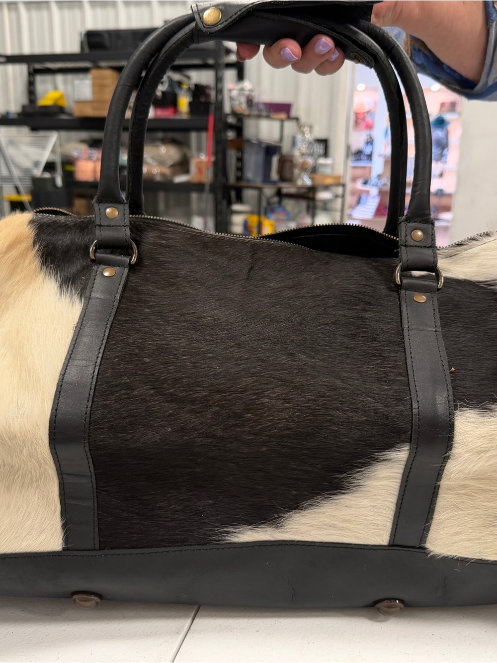 Myra Bag Black & White Cowhide Duffel with Black Leather Trim